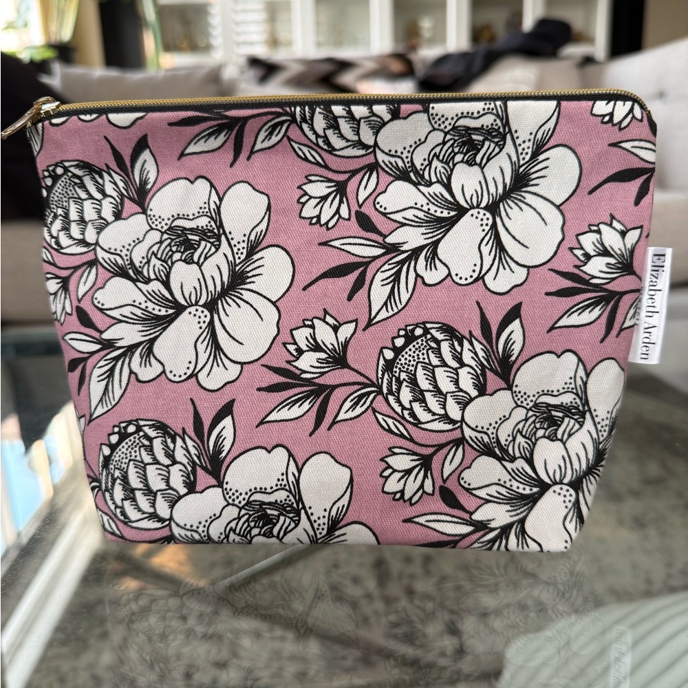 Elizabeth Arden Pink and Black Cosmetic Bag with Floral Design